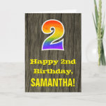 [ Thumbnail: 2nd Birthday: Rustic Faux Wood Look, Rainbow "2" Card ]