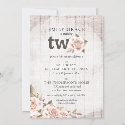 2nd Birthday Rustic Wood Shabby Chic Roses Floral Invitation