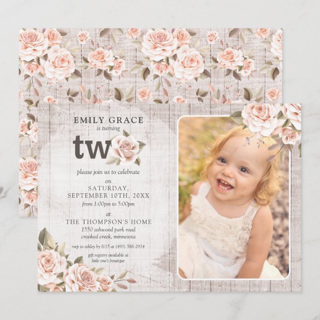 2nd Birthday Rustic Wood Shabby Chic Roses Photo Invitation (Front/Back)