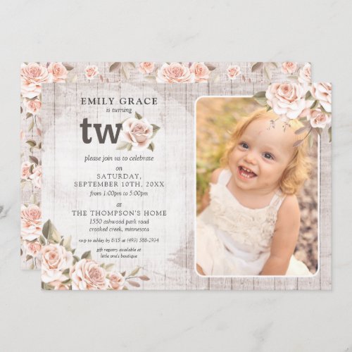 2nd Birthday Rustic Wood Shabby Chic Roses Photo Invitation