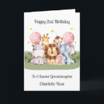 2nd Birthday Safari Leaf Animals Card<br><div class="desc">This 2nd birthday card is suitable for a granddaughter or daughter. The design includes the number 2,  birthday stars,  pink balloons,  and five watercolour safari animals - hippo,  giraffe,  lion,  monkey and elephant.</div>