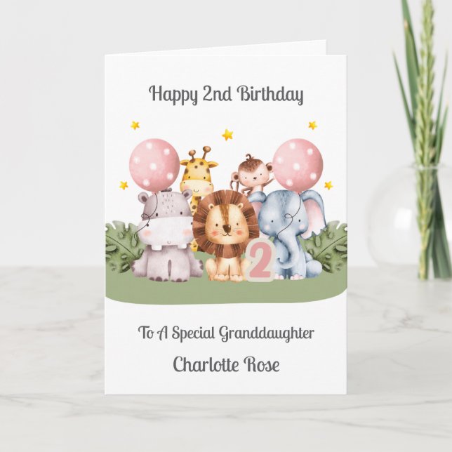 2nd Birthday Safari Leaf Animals Card (Front)