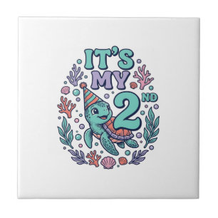 2nd Birthday Sea Turtle Vintage Engraving Design_1 Ceramic Tile