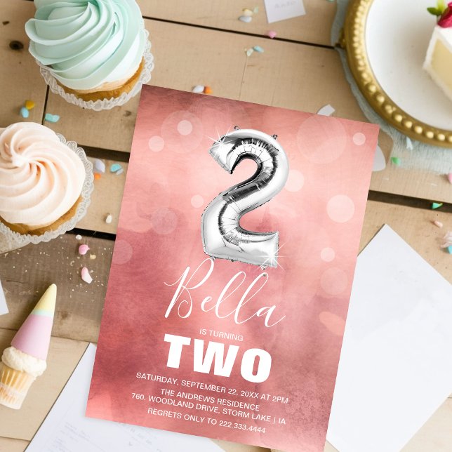 2nd Birthday Silver Balloon | Girly Pink Party Invitation (Creator Uploaded)