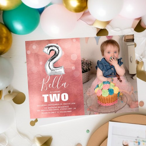 2nd Birthday Silver Balloon  Pink Photo Party Invitation