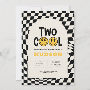 2nd birthday smile face retro black white groovy invitation
