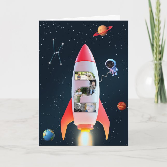 2nd Birthday Space Rocket | Huge Two Photo Collage Card (Front)