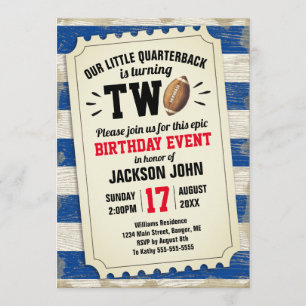 2nd Birthday Sports Football Ticket Rustic Blue Invitation