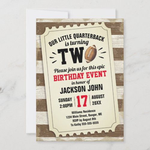 2nd Birthday Sports Football Ticket Rustic Brown Invitation