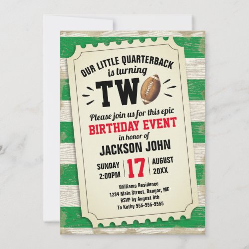 2nd Birthday Sports Football Ticket Rustic Green Invitation