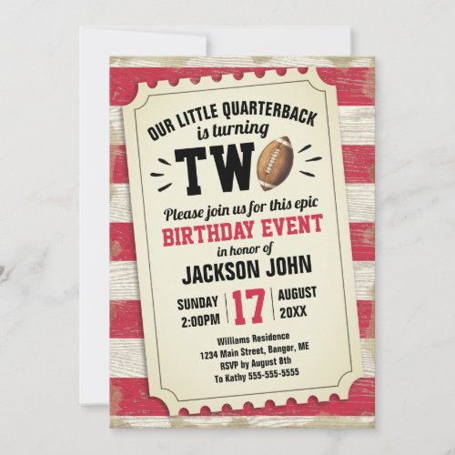 2nd Birthday Sports Football Ticket Rustic Red Invitation