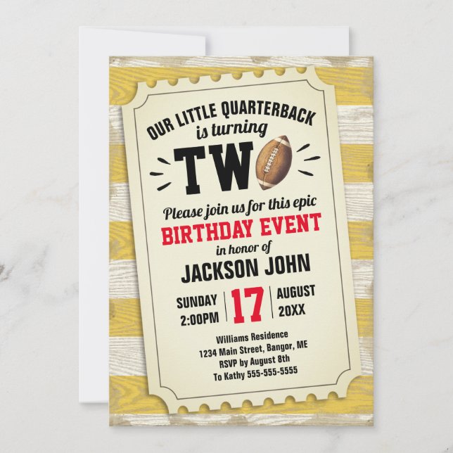 2nd Birthday Sports Football Ticket Rustic Yellow Invitation (Front)