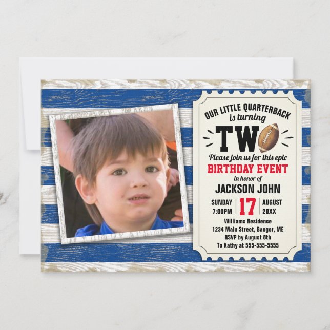2nd Birthday Sports Photo Football Rustic Blue Invitation (Front)