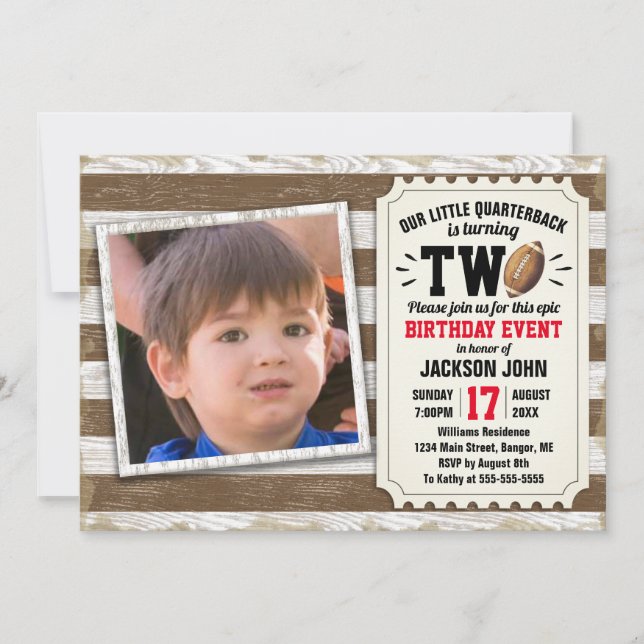 2nd Birthday Sports Photo Football Rustic Brown Invitation (Front)
