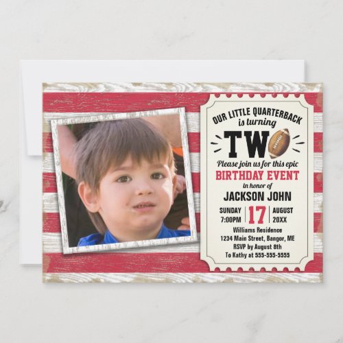 2nd Birthday Sports Photo Football Rustic Red Invitation