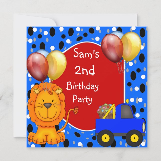 2nd Birthday Spots Lion Truck Cupcake Balloons Invitation (Front)