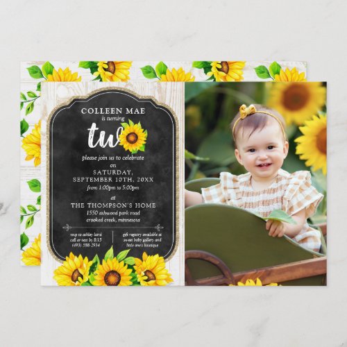 2nd Birthday Sunflower  Rustic Wood Country Photo Invitation