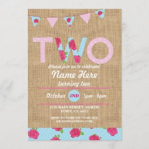 2nd Birthday Tea Party Two 2 Burlap Rose Invite