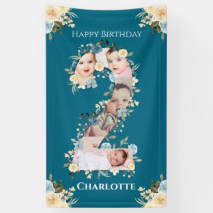 2nd Birthday Teal Flower Photo Collage Blue Yellow Banner