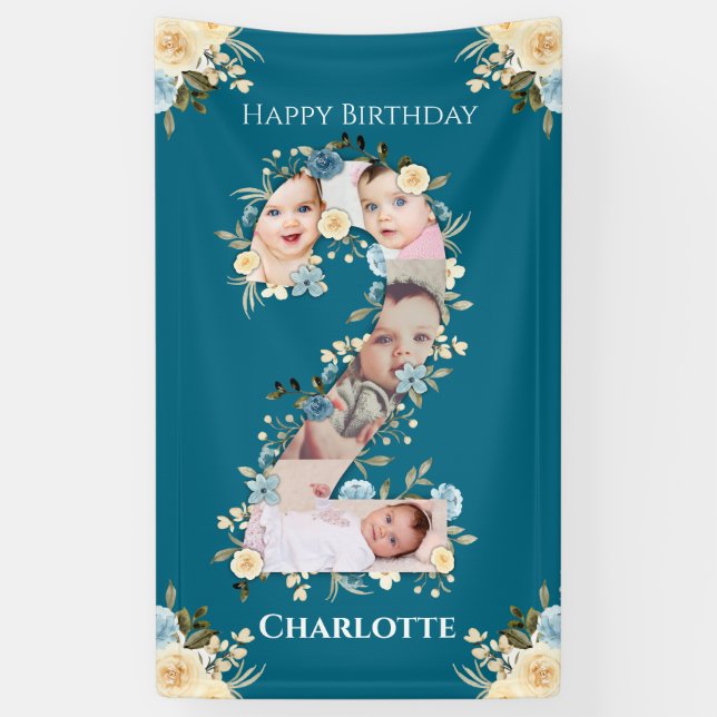 2nd Birthday Teal Flower Photo Collage Blue Yellow Banner (Vertical)