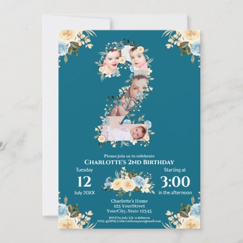 2nd Birthday Teal Flower Photo Collage Blue Yellow Invitation