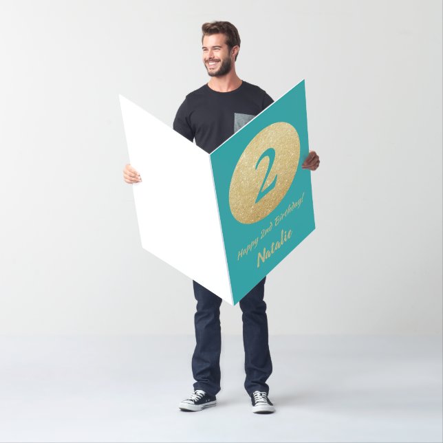 2nd Birthday Teal Gold Glitter Extra Large Jumbo Card (In Situ)