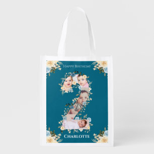 2nd Birthday Teal Photo Collage Blue Yellow Flower Grocery Bag