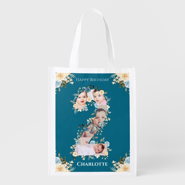 2nd Birthday Teal Photo Collage Blue Yellow Flower Grocery Bag (Front)