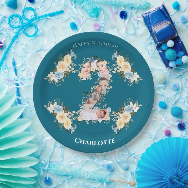 2nd Birthday Teal Photo Collage Blue Yellow Flower Paper Plates (Party)