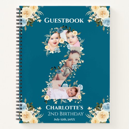 2nd Birthday Teal Photo Flower Yellow Guest Book