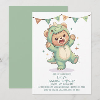2nd Birthday Teddy Bear Dinosaur Party Invitation