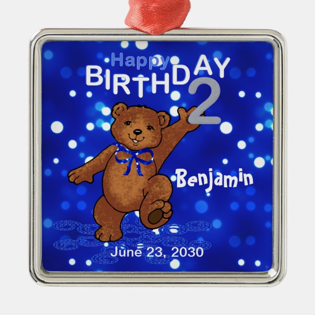 2nd Birthday Teddy Bear Keepsake Metal Ornament (Front)