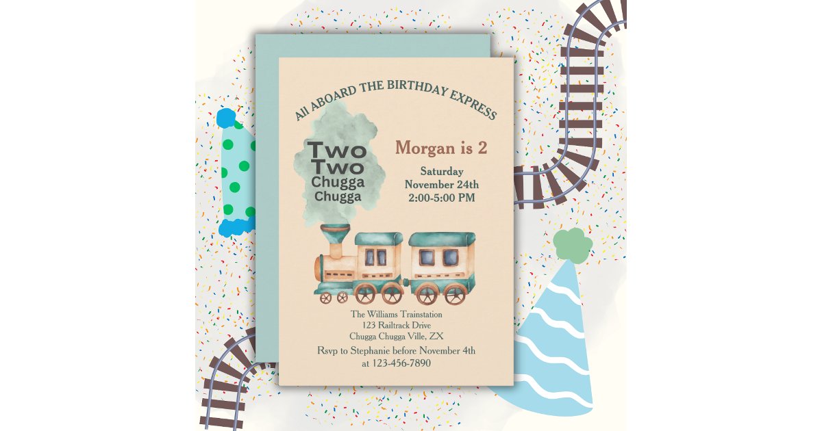 Two Train Invitation 2nd Birthday Train Party All Aboard Watercolor Invitation | Zazzle