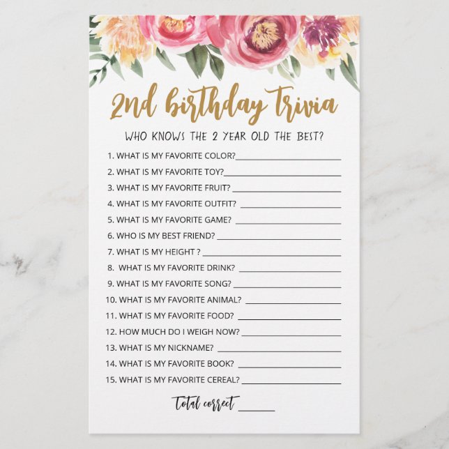 2nd Birthday Trivia editable game (Front)