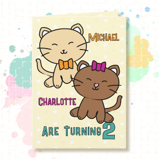 2nd Birthday Twin Boy Girl Cat Cartoon Adorable  Card