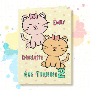 2nd Birthday Twin Girls Cute Cat Cartoon Adorable Card