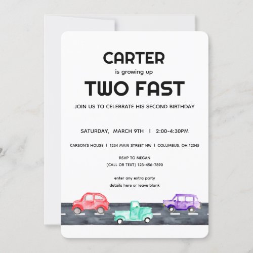 2nd Birthday Two Fast Car Truck Vehicle Invitation