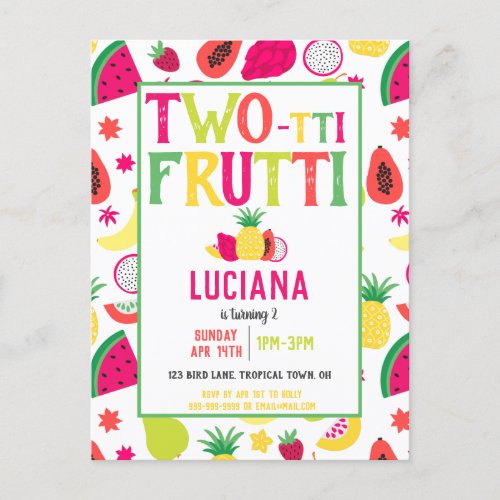 2nd Birthday Two_tti Frutti Fruit Birthday Party Invitation Postcard