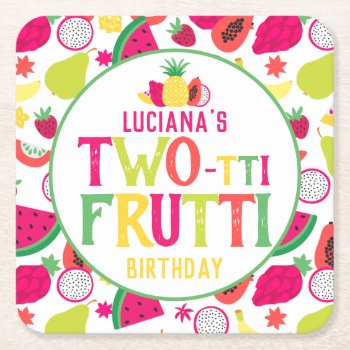 2nd Birthday Two-tti Frutti Fruit Birthday Party Square Paper Coaster by LilPartyPlanners at Zazzle