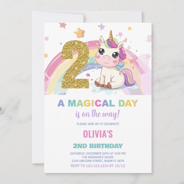2nd Birthday Unicorn Birthday Invitations (Front)