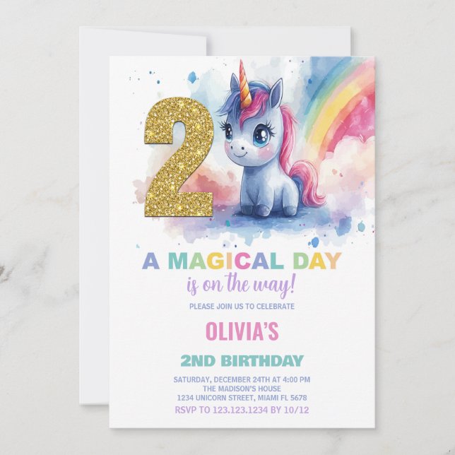 2nd Birthday Unicorn Birthday Invitations (Front)
