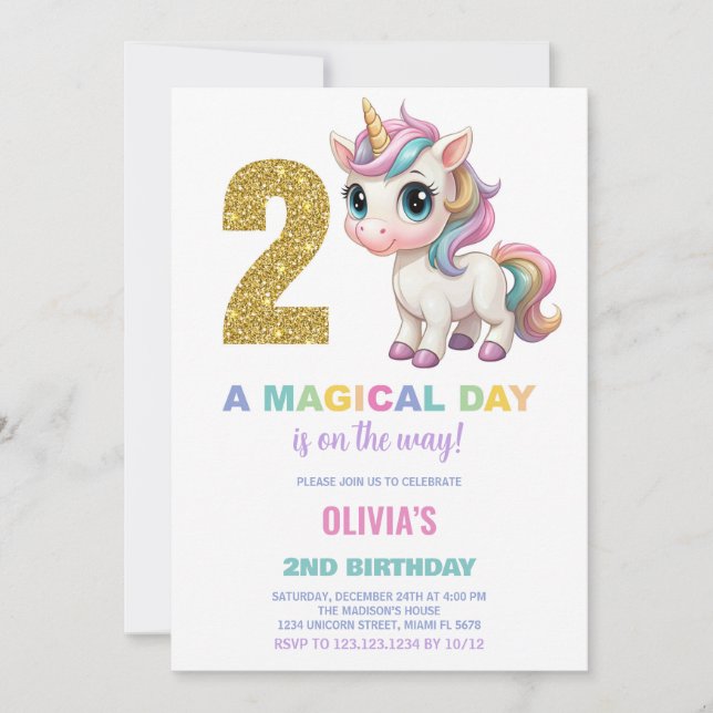 2nd Birthday Unicorn Birthday Invitations (Front)