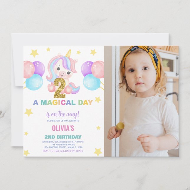 2nd Birthday Unicorn Birthday Invitations photo (Front)