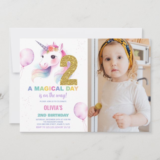 2nd Birthday Unicorn Birthday Invitations photo (Front)