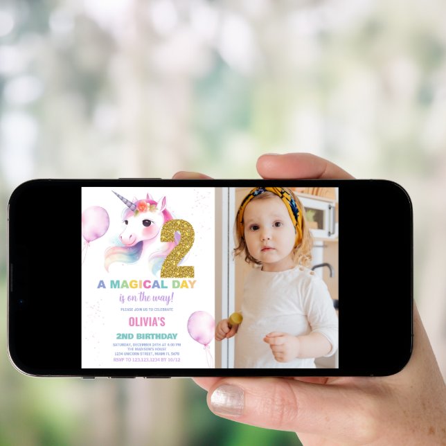 2nd Birthday Unicorn Birthday Invitations photo (Front Digital)