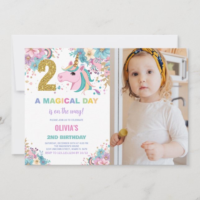 2nd Birthday Unicorn Birthday Invitations photo (Front)