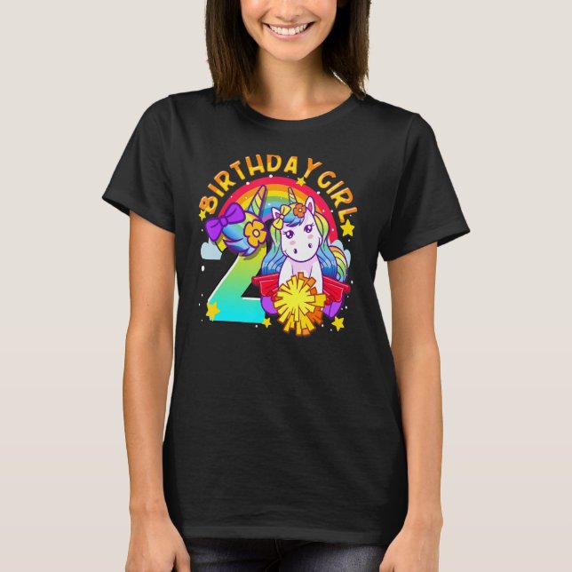 2nd Birthday Unicorn Cheerleader Girl Rainbow Chee T-Shirt (Front)