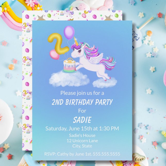 2nd Birthday Unicorn With Cake Invitation (Creator Uploaded)