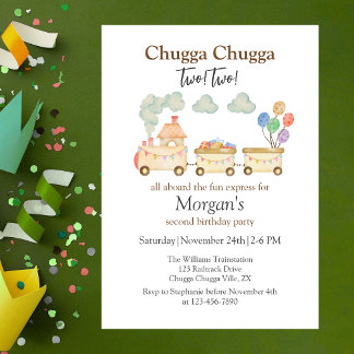 2nd Birthday Watercolor Brown Train Fun Express Invitation
