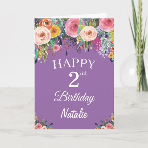 2nd Birthday Watercolor Floral Flowers Purple Card